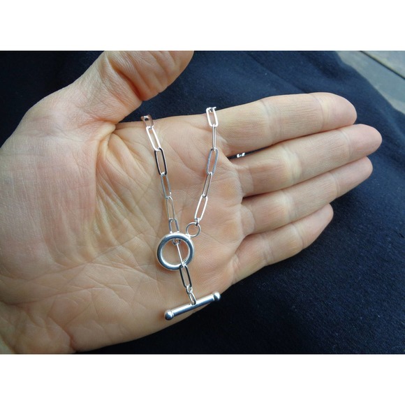 925 Sterling Silver Paperclip Necklace, Toggle Clasp Necklace, Long Link Chain - Picture 4 of 5
